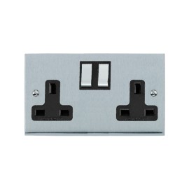 2 Gang 13A Switched Double Socket in Satin Chrome Raised Plate with Black Trim Victorian Elite