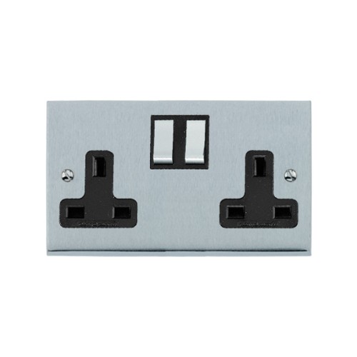 2 Gang 13A Switched Double Socket in Satin Chrome Raised Plate with Black Trim Victorian Elite