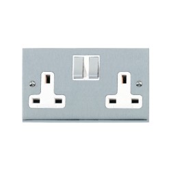 2 Gang 13A Switched Double Socket in Satin Chrome Raised Plate with White Trim Victorian Elite