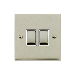 2 Gang 2 Way 10A Rocker Switch in Satin Nickel Raised Plate with White Trim Victorian Elite