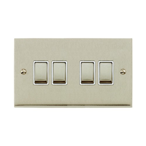 4 Gang 2 Way 10A Rocker Switch in Satin Nickel Raised Plate with White Trim Victorian Elite