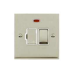 13A Fused Switched Spur with Neon in Satin Nickel Raised Plate with White Trim Victorian Elite