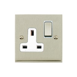 1 Gang 13A Switched Single Socket in Satin Nickel Raised Plate with White Trim Victorian Elite