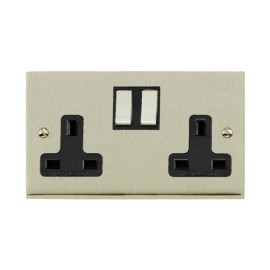 2 Gang 13A Switched Double Socket in Satin Nickel Raised Plate with Black Trim Victorian Elite
