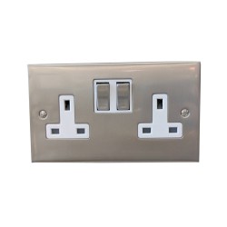 2 Gang 13A Switched Double Socket in Satin Nickel Raised Plate with White Trim Victorian Elite