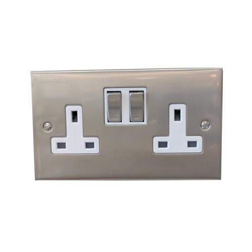 2 Gang 13A Switched Double Socket in Satin Nickel Raised Plate with White Trim Victorian Elite