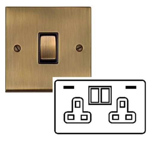 2 Gang 13A Socket with 2 USB Sockets Raised Antique Brass Plate and Rockers with Black Insert Victorian Elite