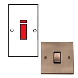 45A Cooker Switch with Neon (twin plate) Red Rocker Antique Brass Raised Plate with Black Trim Victorian Elite