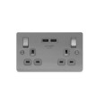 2 Gang 13A Switched Socket with 2x type A USB Charger Sockets 3.1A Brushed Steel with Grey Insert Flat Plate BG Nexus SBS22U3G