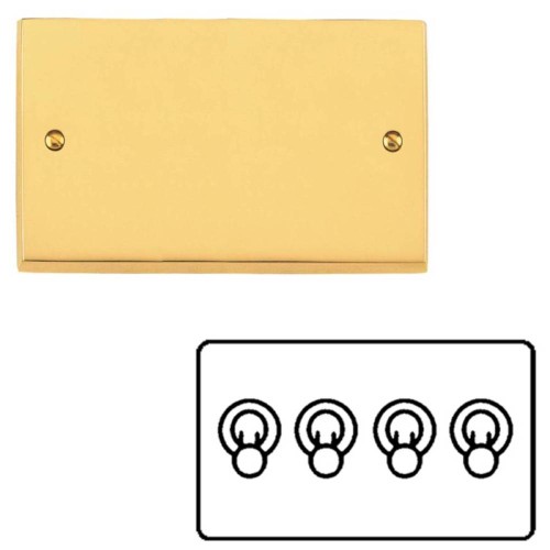 4 Gang 2 Way 20A Dolly Switch Victorian Polished Brass Plain Raised Plate and Toggle Switches