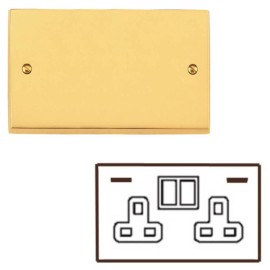 2 Gang 13A Socket with 2 USB Sockets Victorian Polished Brass Plain Raised Plate White Trim