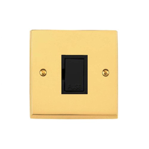 1 Gang 13A Unswitched Fused Spur Victorian Polished Brass Plain Raised Plate and Black Trim