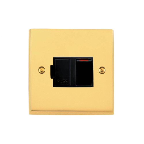 1 Gang 13A Switched Spur (Fused) Victorian Polished Brass Plain Raised Plate and Black Trim and Switch