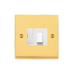 1 Gang 13A Switched Spur (Fused) Victorian Polished Brass Plain Raised Plate with White Trim and Switch