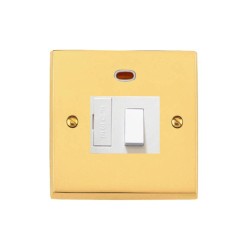 1 Gang 13A Switched Spur with Neon Victorian Polished Brass Plain Raised Plate with White Trim and Switch