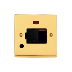 1 Gang 13A Switched Fused Spur with Neon and Cord Outlet Victorian Polished Brass Plain Raised Plate Black Trim and Switch