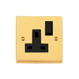 1 Gang 13A Switched Single Socket Victorian Polished Brass Plain Raised Plate Black Rocker and Trim