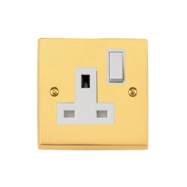 1 Gang 13A Switched Single Socket Victorian Polished Brass Plain Raised Plate White Switch and Trim