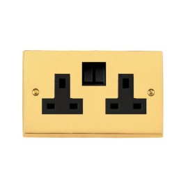2 Gang 13A Switched Twin Socket Victorian Polished Brass Plain Raised Plate Black Switch and Trim