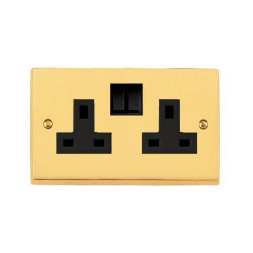 2 Gang 13A Switched Twin Socket Victorian Polished Brass Plain Raised Plate Black Switch and Trim