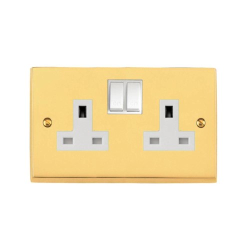 2 Gang 13A Switched Twin Socket Victorian Polished Brass Plain Raised Plate White Switch and Trim