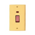 45A Cooker Switch with Neon Twin/Tall Plate Victorian Polished Brass Plain Raised Plate Red Rocker Black Trim