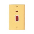 45A Cooker Switch with Neon Twin/Tall Plate Victorian Polished Brass Plain Raised Plate Red Rocker White Trim