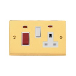 45A Cooker Unit with a 13A Switched Socket and Neon Indicators Victorian Polished Brass Plain Raised Plate White Trim and Switch