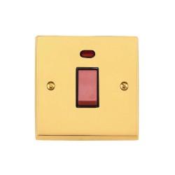 1 Gang 45A Red Rocker Cooker Switch with Neon on a Single Plate Victorian Polished Brass Plain Raised Plate Black Trim