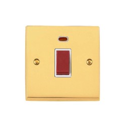 1 Gang 45A Red Rocker Cooker Switch with Neon on a Single Plate Victorian Polished Brass Plain Raised Plate White Trim