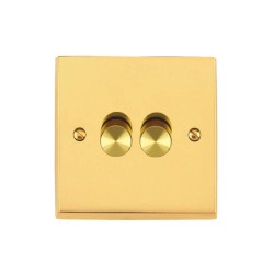 2 Gang 2 Way Trailing Edge LED Dimmer 10-120W Victorian Polished Brass Plain Raised Plate