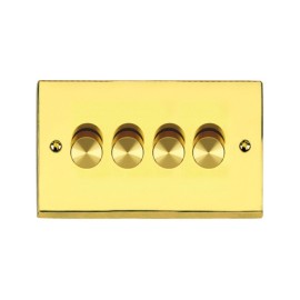 4 Gang 2 Way Trailing Edge LED Dimmer 10-120W Victorian Polished Brass Plain Raised Plate