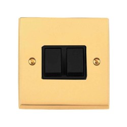 2 Gang 2 Way 6A Rocker Switch Victorian Polished Brass Plain Raised Plate Black Plastic Rockers and Trim