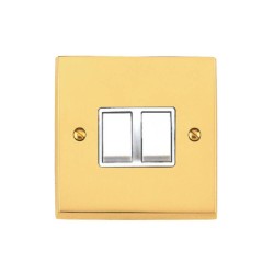 2 Gang 2 Way 6A Rocker Switch Victorian Polished Brass Plain Raised Plate White Plastic Rockers and Trim