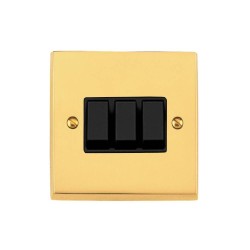 3 Gang 2 Way 6A Rocker Switch Victorian Polished Brass Plain Raised Plate Black Plastic Rockers and Trim