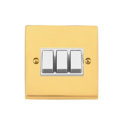 3 Gang 2 Way 6A Rocker Switch Victorian Polished Brass Plain Raised Plate White Plastic Rockers and Trim