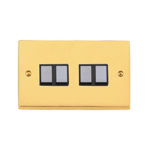 4 Gang 2 Way 6A Rocker Switch Victorian Polished Brass Plain Raised Plate Black Plastic Rockers and Trim