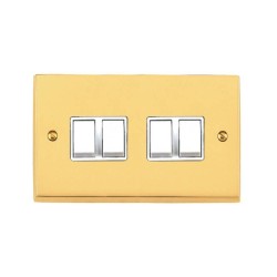4 Gang 2 Way 6A Rocker Switch Victorian Polished Brass Plain Raised Plate White Plastic Rockers and Trim