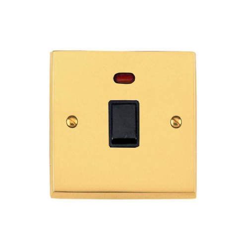 1 Gang 20A Double Pole Switch with Neon Victorian Polished Brass Plain Raised Plate Black Plastic Rocker and Trim