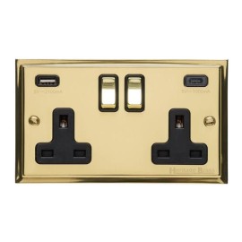 2 Gang 13A Socket with 2 USB Type A+C Sockets Elite Stepped Flat Polished Brass Plate and Rockers with Black Plastic Insert