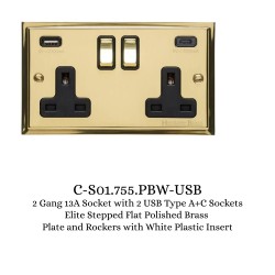 2 Gang 13A Socket with 2 USB Type A+C Sockets Elite Stepped Flat Polished Brass Plate and Rockers with White Plastic Insert
