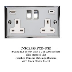 2 Gang 13A Socket with 2 USB Type A+C Sockets Elite Stepped Flat Polished Chrome Plate and Rockers with Black Plastic Insert