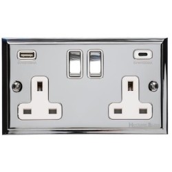 2 Gang 13A Socket with 2 USB Type A+C Sockets Elite Stepped Flat Polished Chrome Plate and Rockers with White Plastic Insert