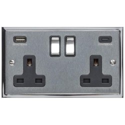 2 Gang 13A Socket with USB A+C Sockets Elite Stepped Flat Satin Chrome Plate and Rockers with White Plastic Insert