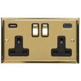 2 Gang 13A Socket with USB A+C Sockets Satin Brass Elite Stepped Flat Plate with Polished Brass Edge and Rockers with Black Plastic Insert