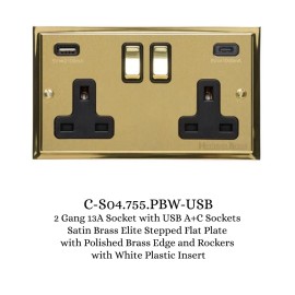 2 Gang 13A Socket with USB A+C Sockets Satin Brass Elite Stepped Flat Plate with Polished Brass Edge and Rockers with White Plastic Insert