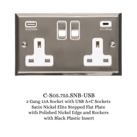 2 Gang 13A Socket with USB A+C Sockets Satin Nickel Elite Stepped Flat Plate with Polished Nickel Edge and Rockers with Black Plastic Insert