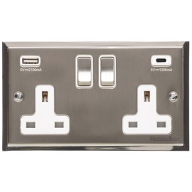 2 Gang 13A Socket with USB A+C Sockets Satin Nickel Elite Stepped Flat Plate with Polished Nickel Edge and Rockers with White Plastic Insert