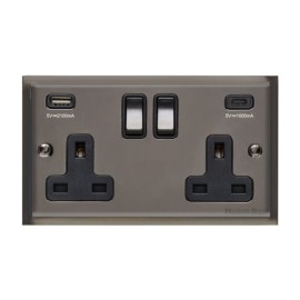 2 Gang 13A Socket with 2 USB A+C Sockets Black Nickel Stepped Flat Plate and Rockers with Black Insert