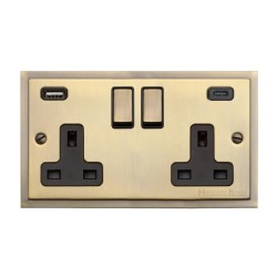 2 Gang 13A Socket with 2 USB Type A+C Sockets Elite Stepped Flat Antique Brass Plate and Rockers with Black Insert